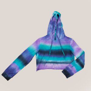 Colorado Dusk Tie Dye Hoodie Crop Top | Purple Teal Black Long Sleeve Shirt